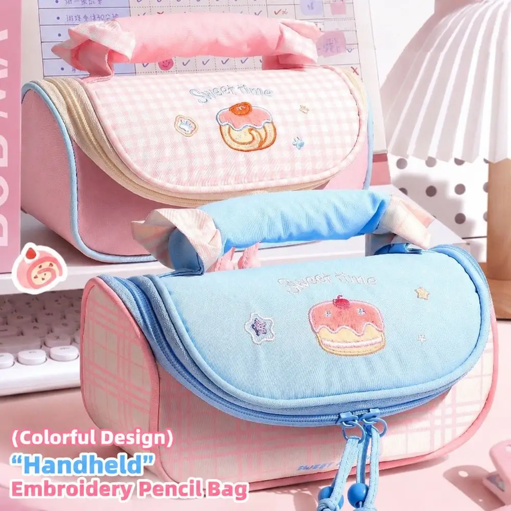 Durable Embroidery Pencil Case Handheld Large Capacity Pencil Pouch Macaron Multi-Layer Divided Pen Bag Gift
