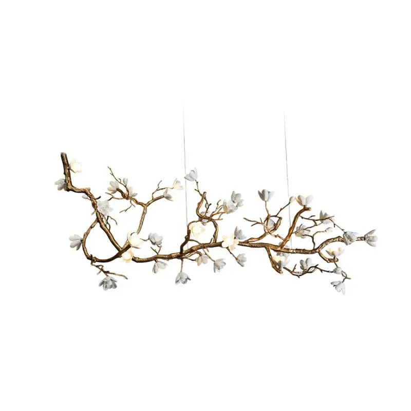 

Full copper branch lamp ceramic magnolia retro art villa zen new Chinese style tea room chandelier
