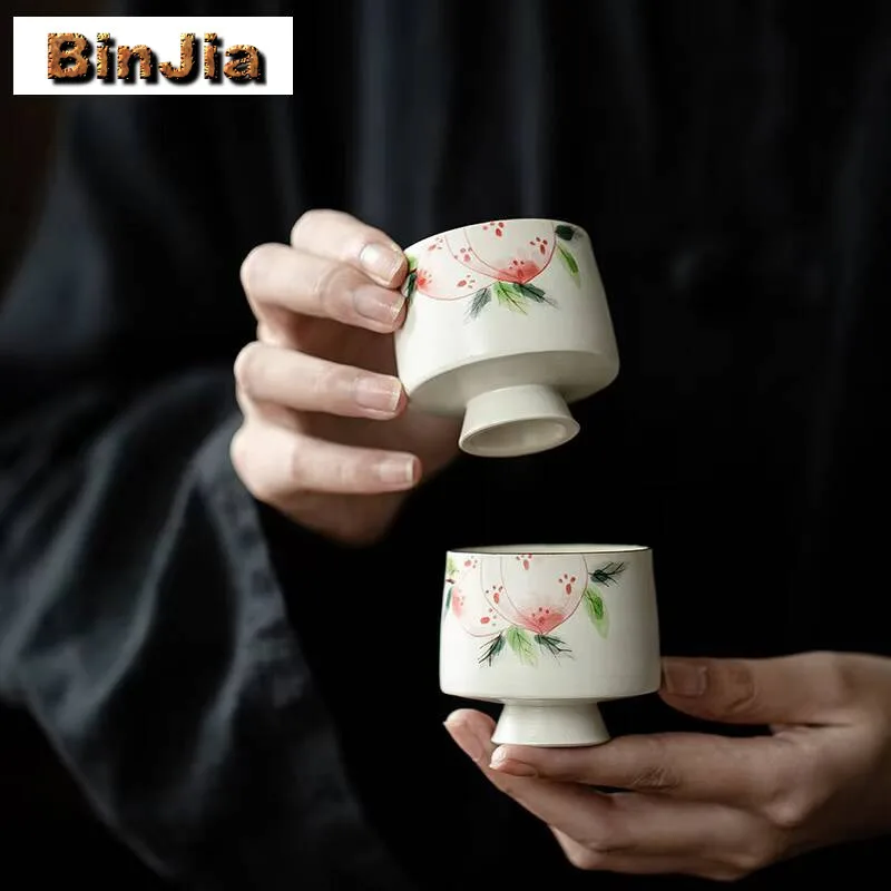 

2pc/set Hand-painted Longevity Peach Teacup Creative Powder Yin Magnolia Cup Chinese Master Puer Bowl Tea Kung Fu Set Gift 80ml