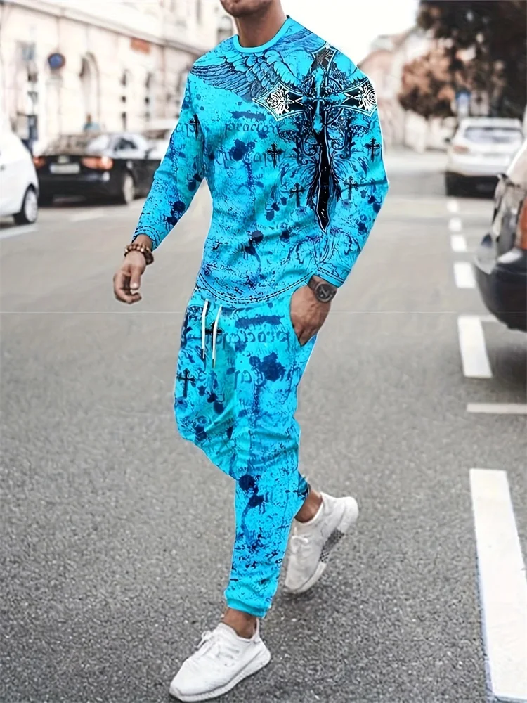 Men's Fashion Graffiti Novelty Pajamas Loungewear Set Autumn Men's Daily Casual Long-sleeved T-shirt Street Fashion Pants