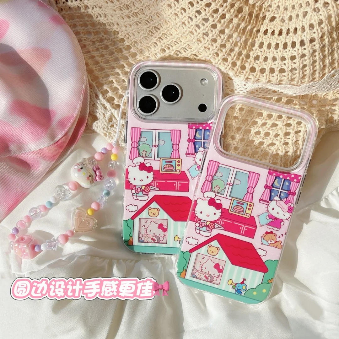 

Lovely Kawaii Cute Pink Hello Kitty Cartoon Wrist strap Phone Case For iPhone 17 Pro 16 15 14 13 Pro Max Plus Y2K Cover﻿﻿