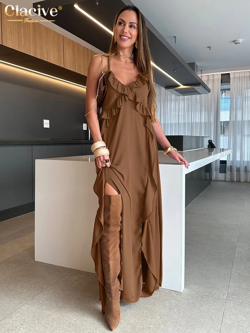 

Clacive Summer Loose Brown Women's Dress 2025 Fashion Strap Sleeveless Maxi Dresses Elegant Classic Ruffle Slit Female Dress