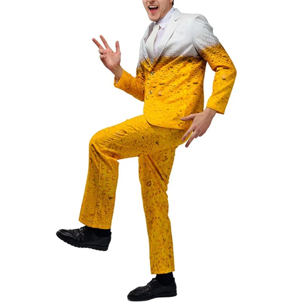 Oktoberfest Suit For Men, Funny Humour Beer Costume Set, Yellow Jacket Pants, Lapel Neckline, Casual Style, Slight Stretch