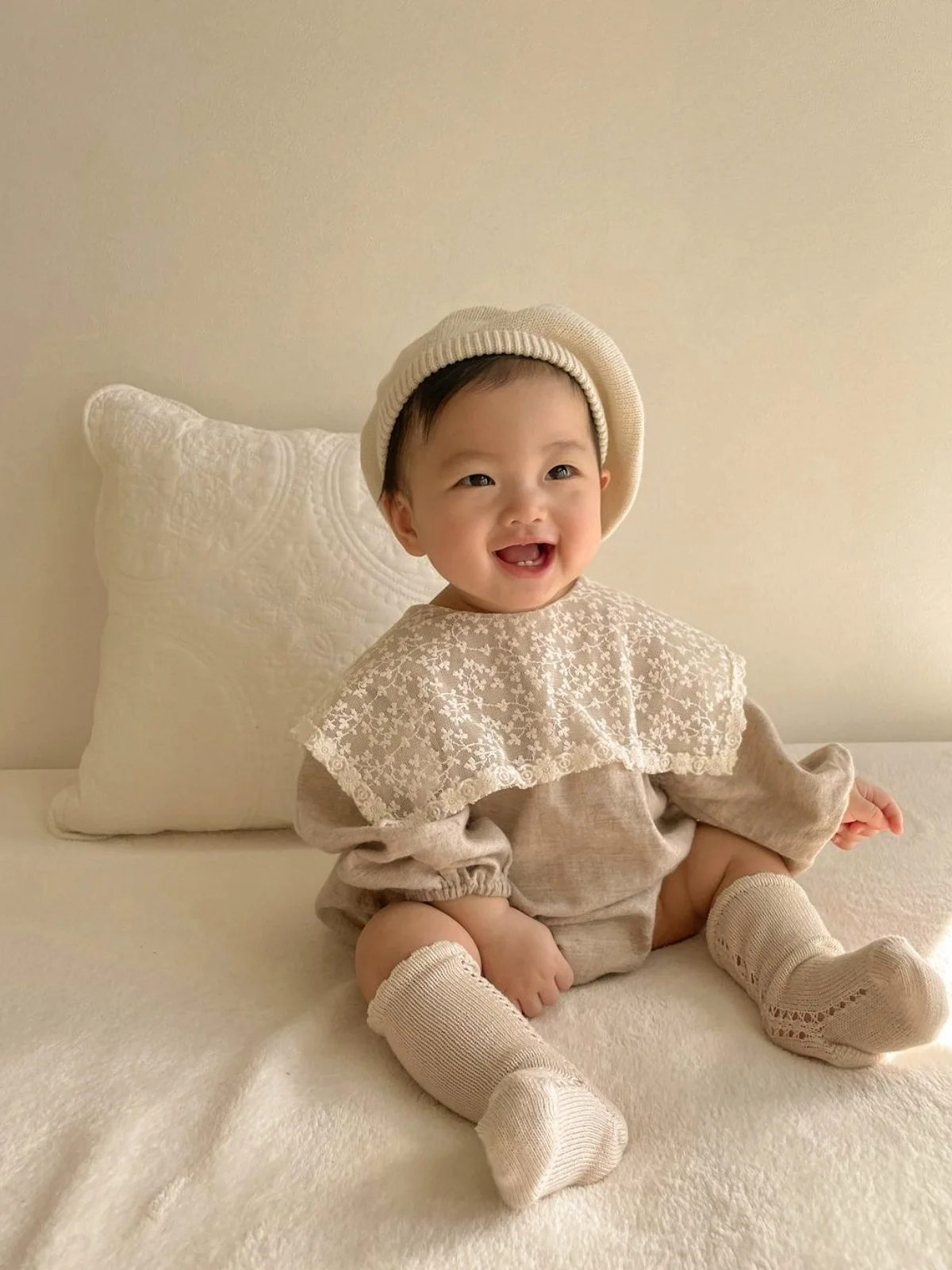 2024 Spring New Baby Girl Long Sleeve Bodysuit Newborn Toddler Lace Large Lapel Jumpsuit Cotton Infant Casual Clothes 0-24M