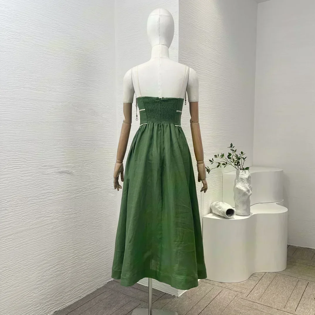 Elastic Shirred Back Top Quality 2024 New Green Pure Linen Sleeveless Pleats Lace-up Women Midi Dress