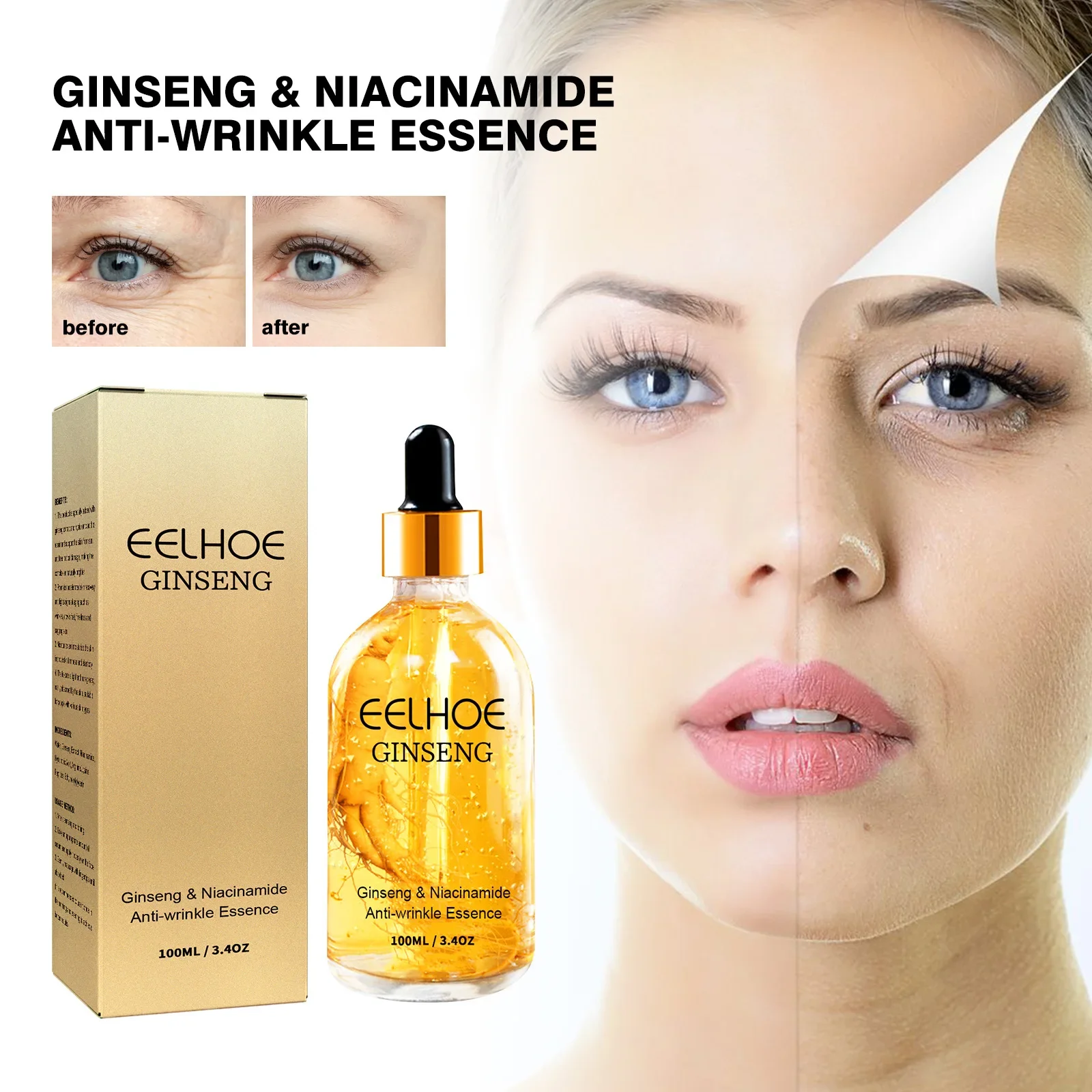 24K Gold Ginseng Serum Fade Fine Lines of Eyes Firming Facial Moisturizing Skin Hyaluronic Acid Nicotinamide Facial Essence