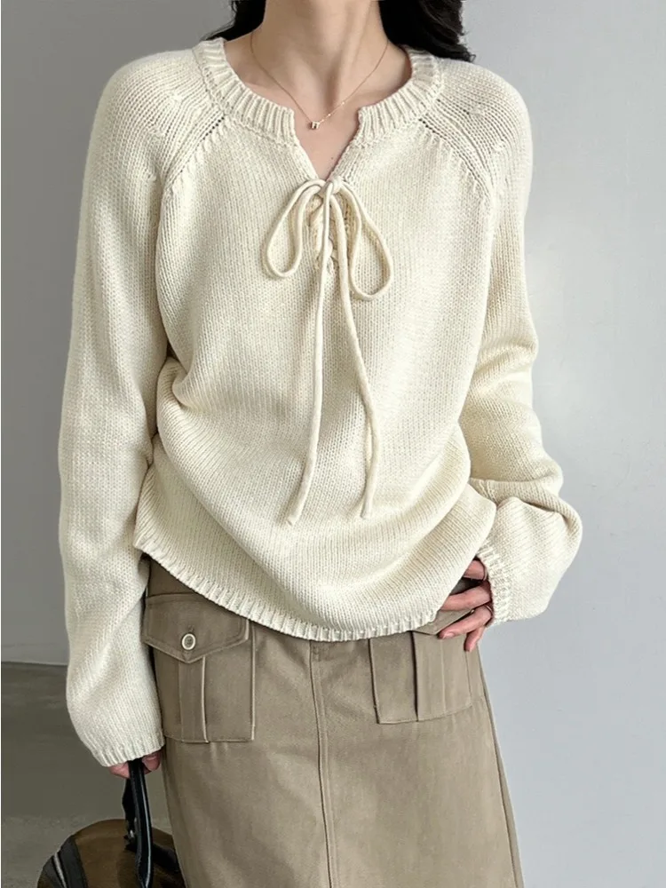 LIinar 2026 Fall Winter Women's New Arrival Loose-Fit Drawstring Long-Sleeve Knit Top Soft-Style Pullover Sweater