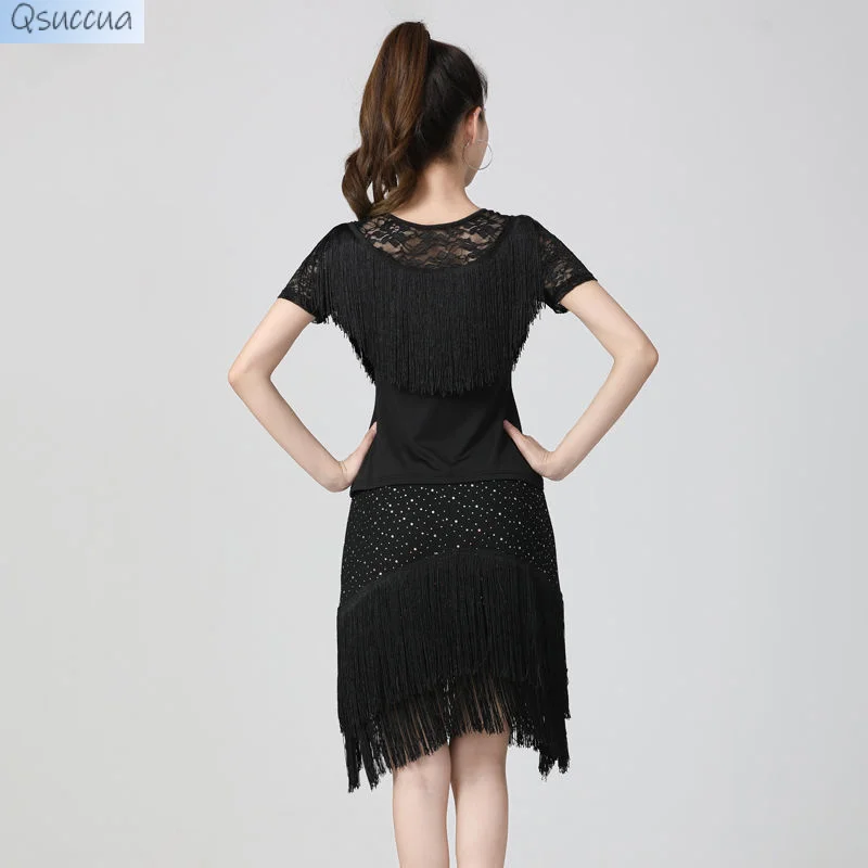 New Latin Dance Suit Short-Sleeved Top Tassel Skirt Competition Suit Modern Dance Ballroom Dance