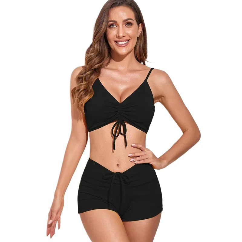 

Color High Waist Swimsuit Women 2024 2-Piece Bikini Sexy V-neck Suspender Backless Beach Bathing Suit Drawstring Swimwear
