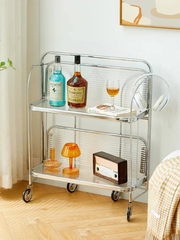 Medieval Glass Trolley Living Room Ins Sofa Side Table Movable Folding Cart Stainless Steel Storage Rack