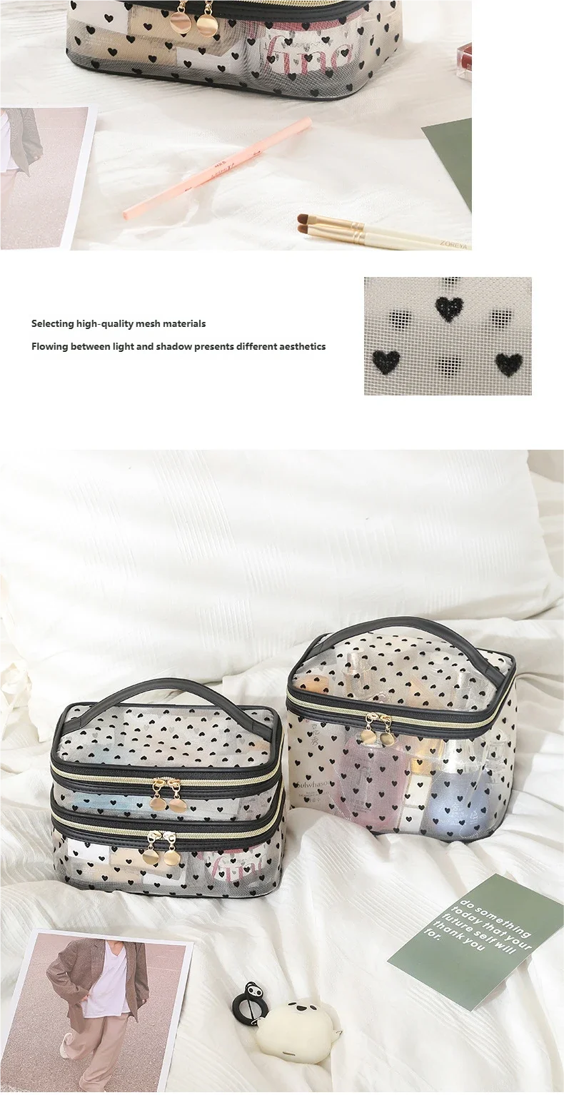 Doppels ch ichten schwarze Mesh Kosmetik tasche Reise tragbare große Kapazität Make-up Fall Organizer Aufbewahrung beutel Reiß verschluss Kultur beutel – Detail 12