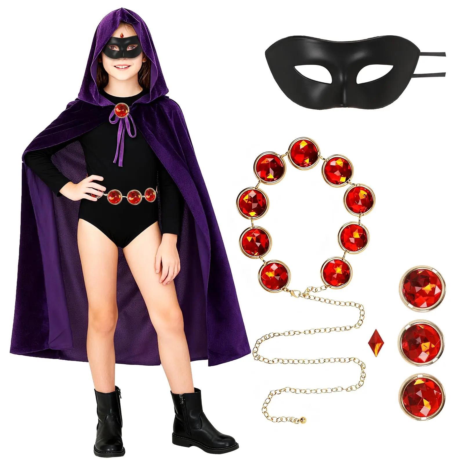 

Raven Titans Costume Girls Raven Purple Velvet Cloak Witches Cape Red Gem Black Mask Anime Cosplay Halloween Costumes for Party