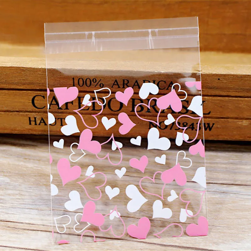 50pcs Cute Flower Plastic Bag Heart Pattern Self-adhesive Bags for Wedding Birthday Party Favor Baking Cookie Packaging Supplies