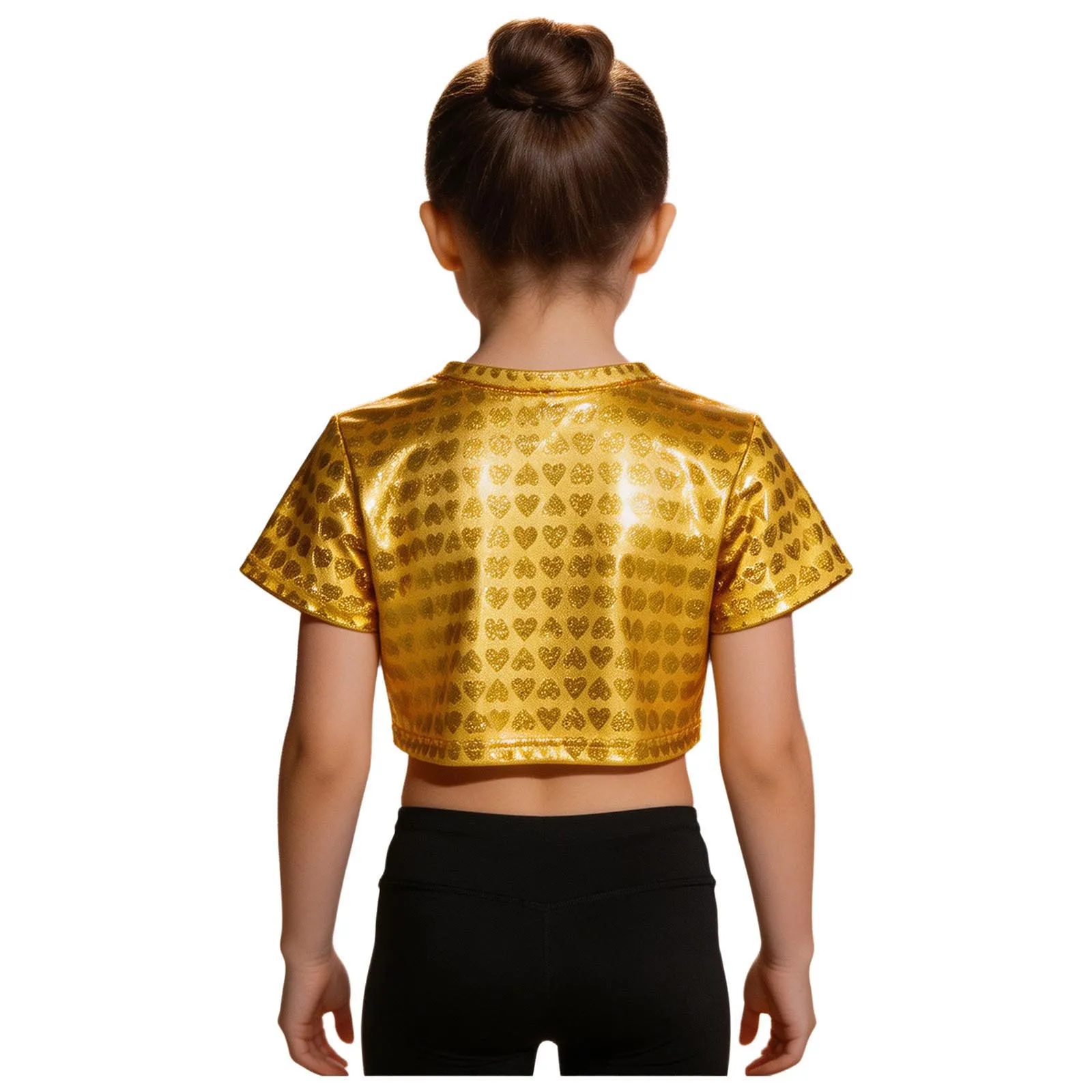 Kids Girls Metallic Heart Printed Crop Top Hip Hop Jazz Dance Costume Long Sleeve Shiny T-shirt for Cheerleading Performance