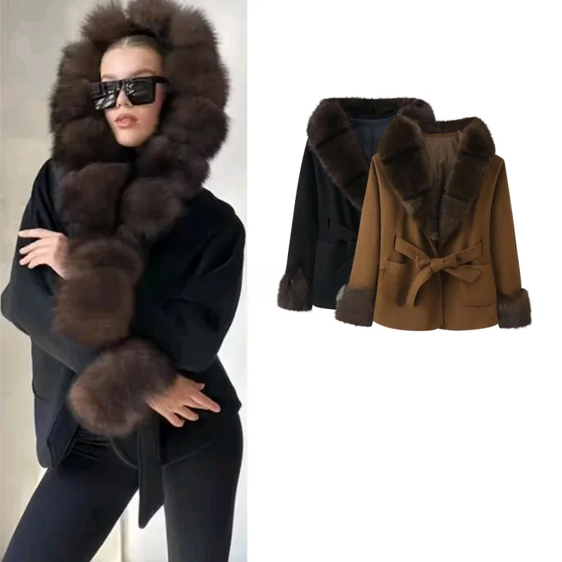 

Новая зимняя женская короткая шерстяная куртка с отложным воротником, капюшоном, длинными рукавами и поясом на талии, с меховым воротником