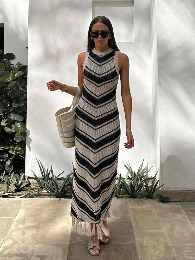 Summer Knitted Beach Dress Women Elegant Fashion Tassel Striped Long Dresses Summer Slim Bohemian Holiday Outfits 2024 Beachwear