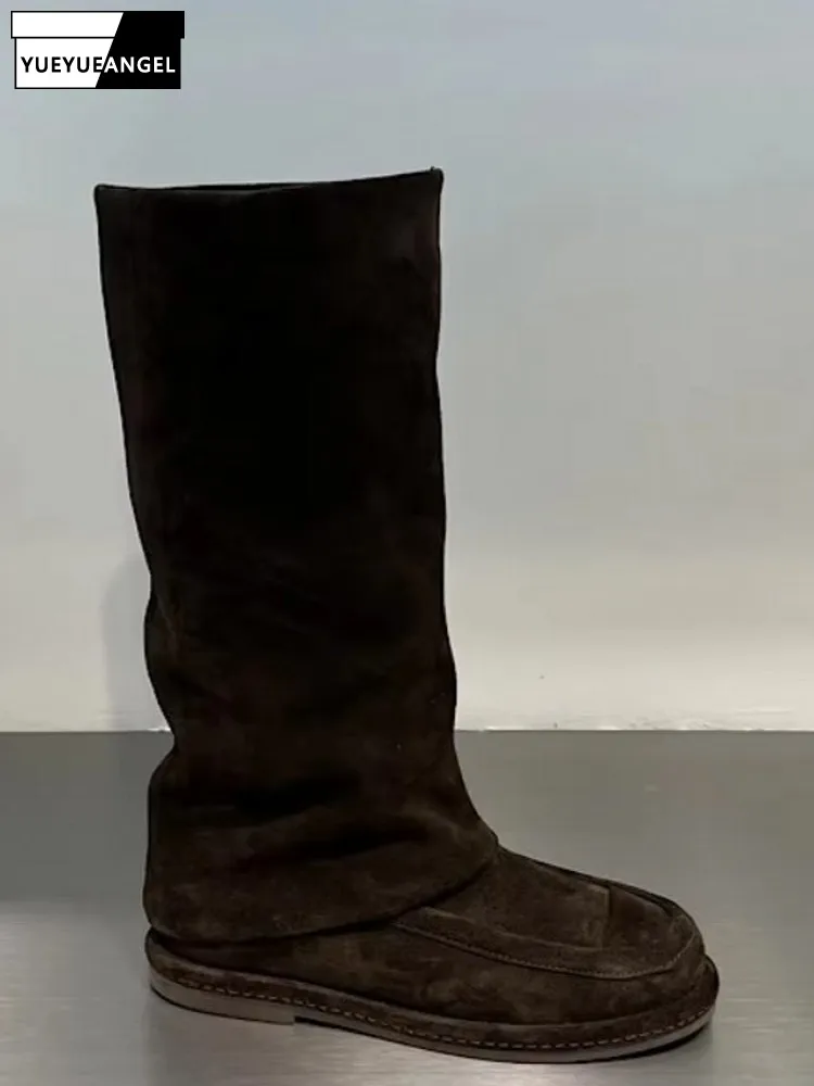 

British Style Cow Suede Women High Top Shoes Round Toe Flat Square Heels Boots Fashion Casual Autumn Slip-on Footwear Hot Sale