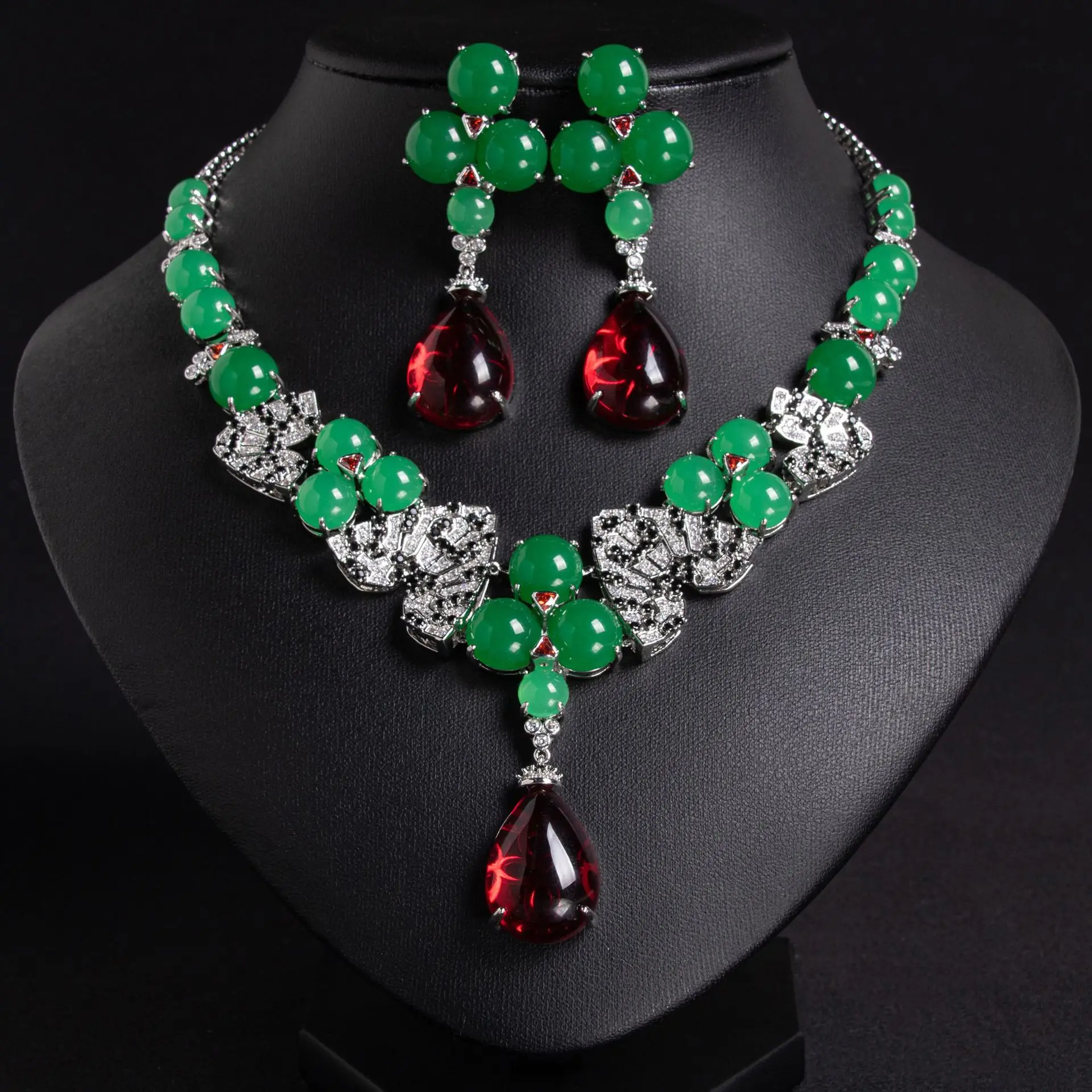 

Vintage green purple stone pendant necklace earrings FPPJ nature beads woman's party jewelry set wholesale