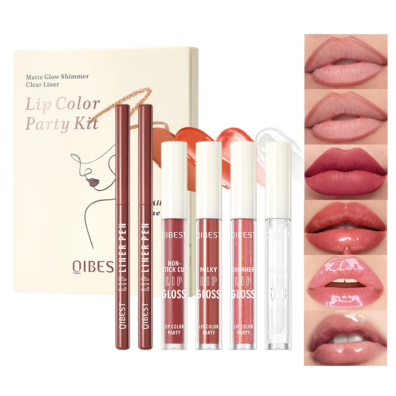 6色リップセット、カップに付かないリップグロス、リップライナー、自然な立体感のある保湿リップグロスセット。
