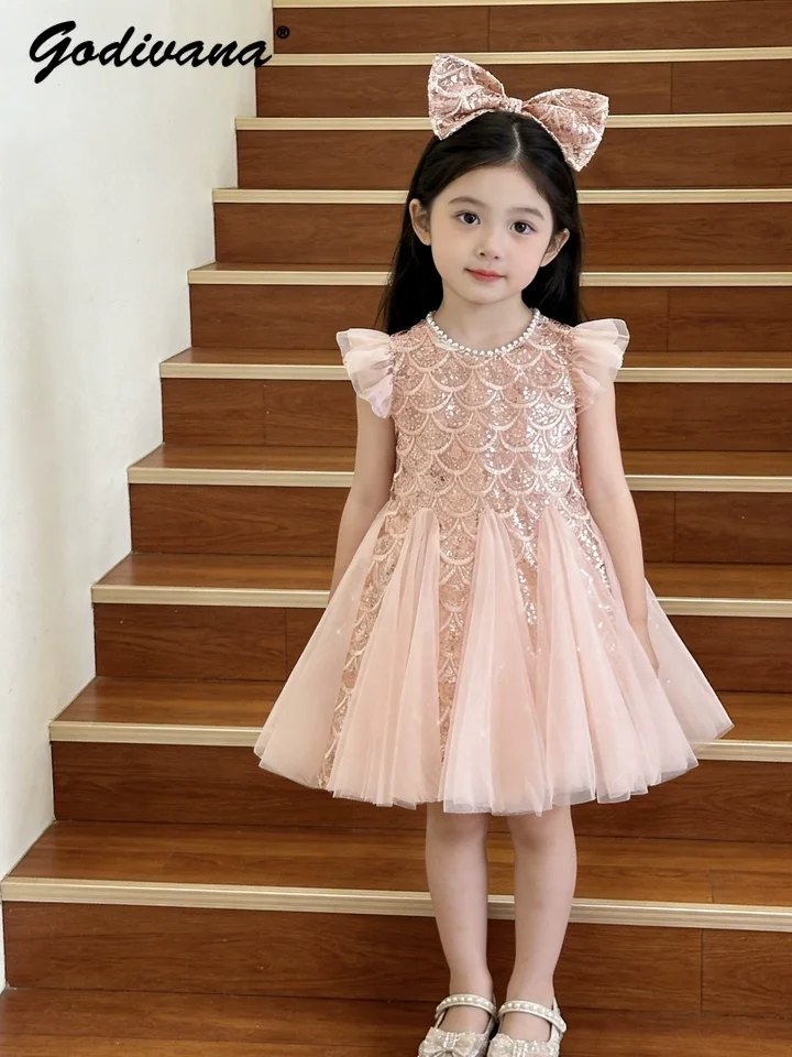 Cute and Sweet Baby Girls Flutter Sleeve Mermaid Princess Dress New 2026 Summer Stylish Kids Sequin Mesh Patchwork Casual Dress