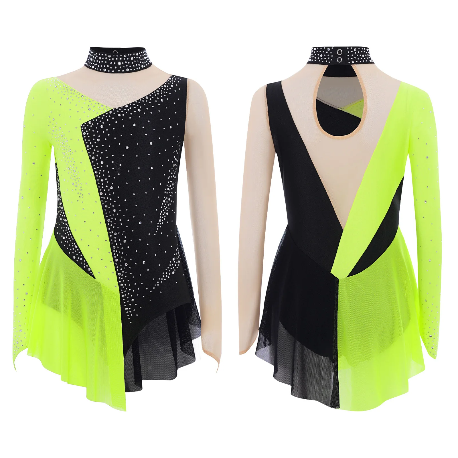 

Children's Lyrical Contemporary Dress Girls Figure Skating Dancewear Shiny Rhinestone Mesh Bodysuits Ballet Gymnastics Leotards