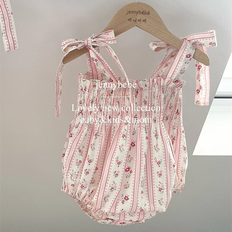 Sweet Little Girls Strap Romper Summer Cozy Cotton Floral Stripe Bowknot Jumpsuit for Toddler Girls Clothing Children Outfits