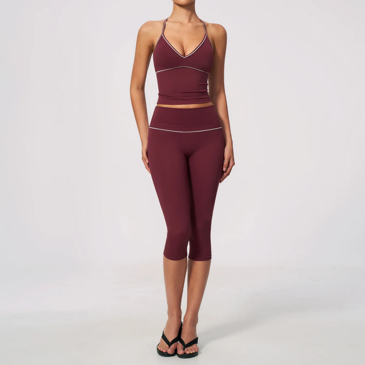 Women 2 Piece Yoga Set V Neck Crop Top and V Back Capri Leggings Butt Lifting Workout Gym Suit Contrast Piping Activewear Female