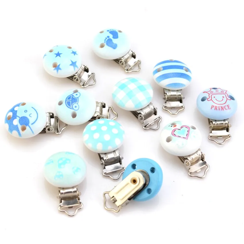 5PCs Blue boy Color Baby Pacifier Clips Wood Metal Holders Cute Infant Soother Clasps Funny Accessories 4.8x2.9cm