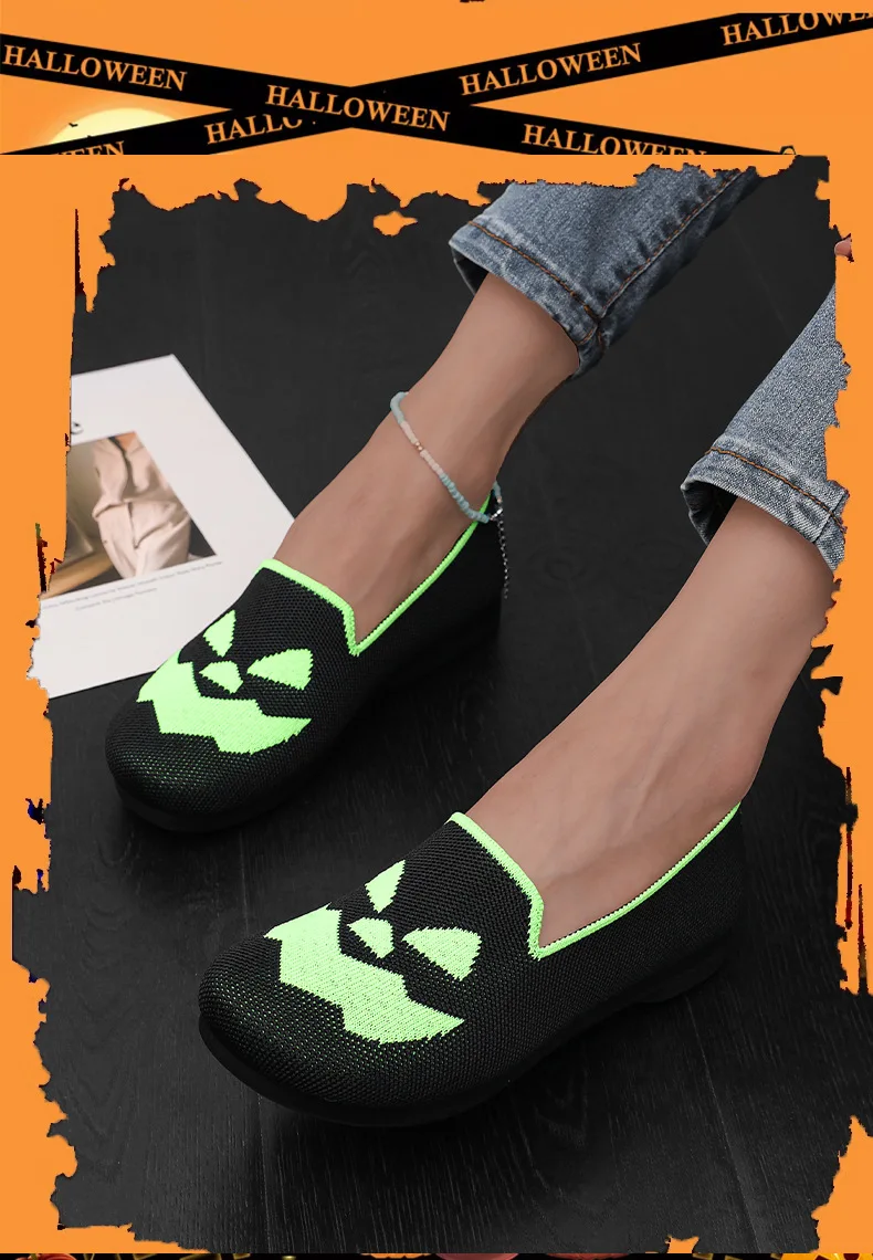 Damen-Halloween-Kürbisgesicht-Strickflachschuhe, atmungsaktive einteilige Slipper, leichte Freizeit-Party-Schuhe – Detail 6