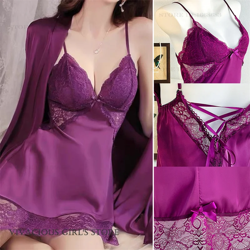 

Sexy Hollow Out Lace Lingerie 2PCSRobe Set Summer New Female Sleepwear Nightgown Silky Satin Womens Matching Sets Homewear