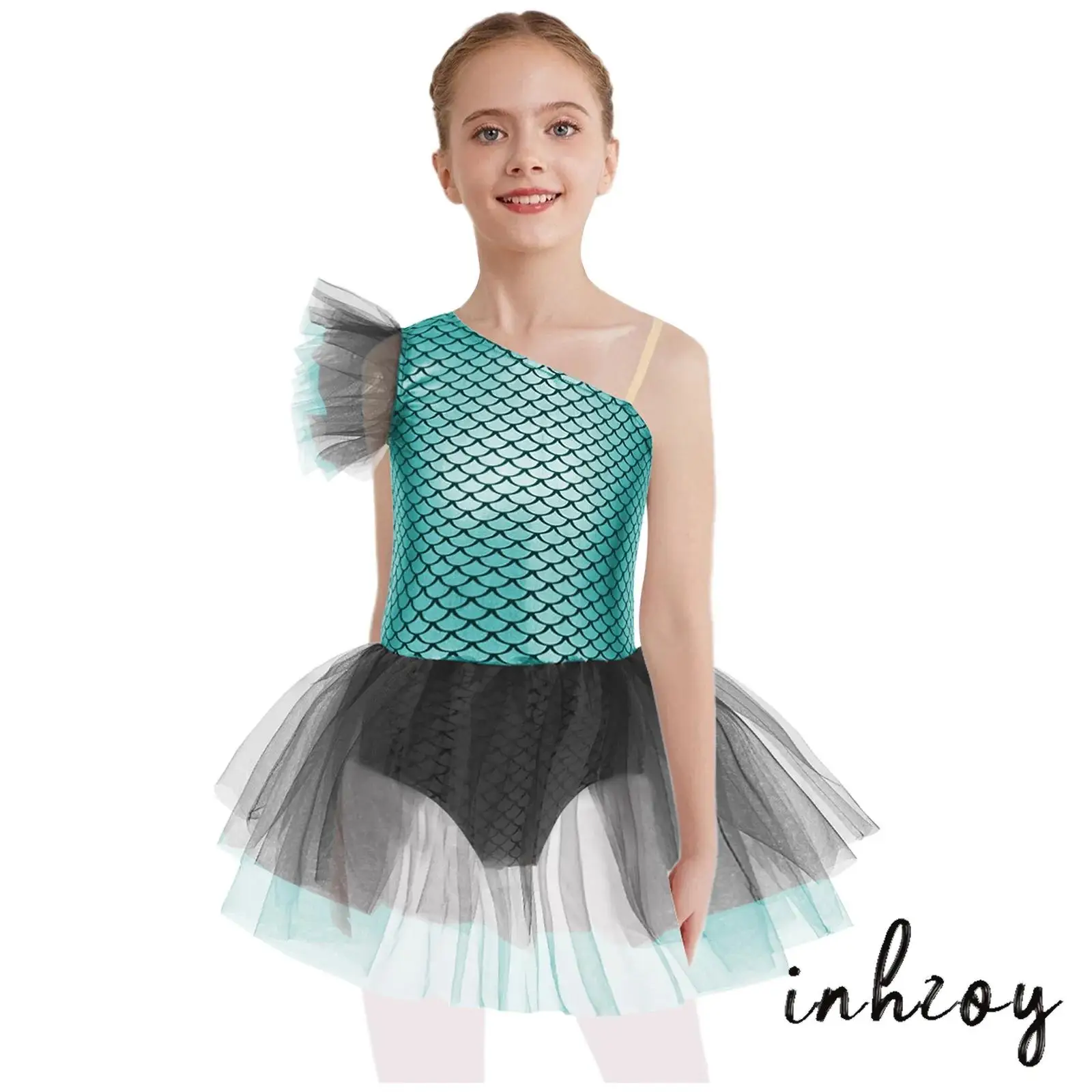 

Girls Halloween Mermaid Cosplay Costume One Shoulder Sleeveless Fish Scales Print Ballet Dresses Lyrical Ballerina Leotard Dress