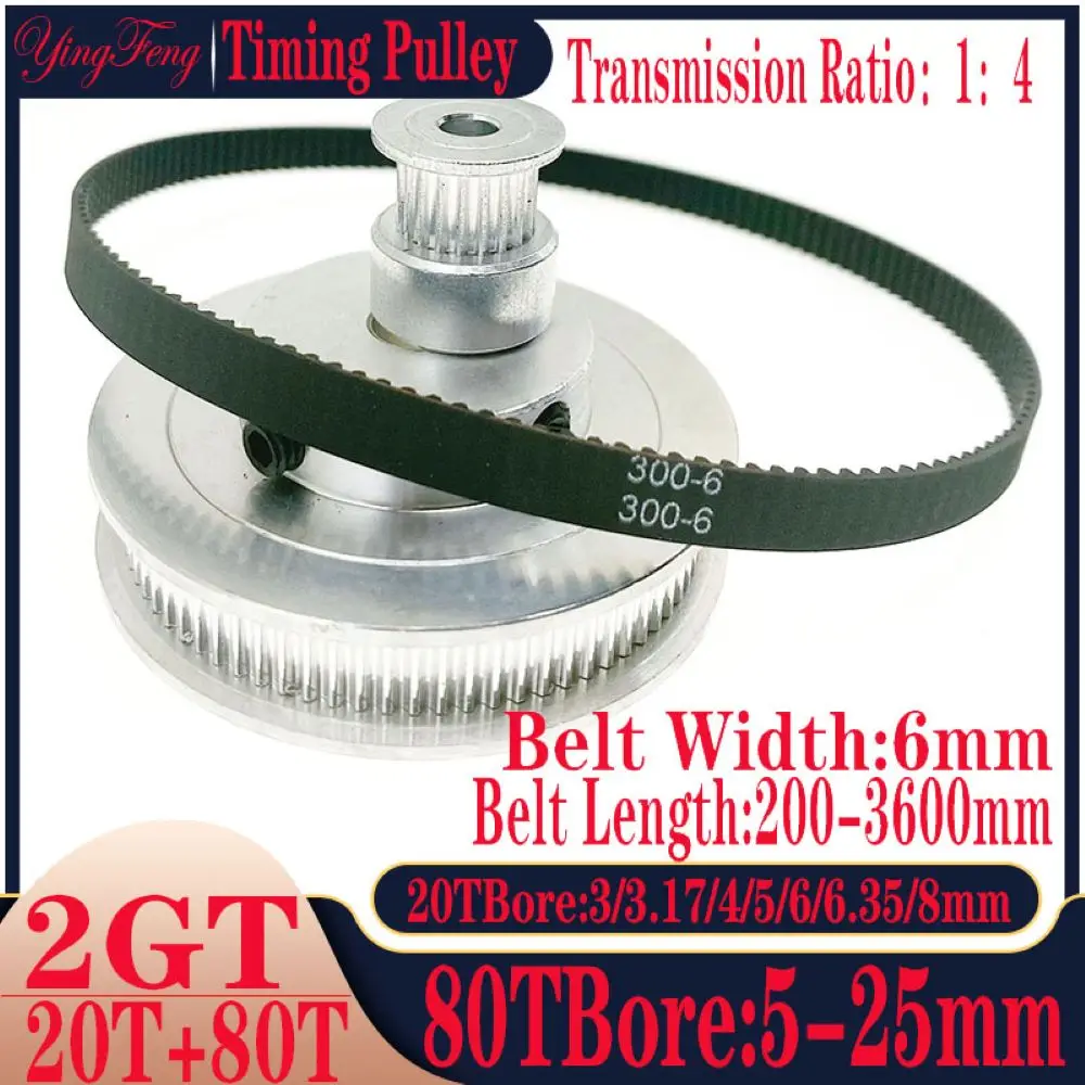 

2GT/2M/2MGT Timing Synchronous Pulley Hole 3-25mm 20 Teeth+80 Teeth BandWidth 6mm Tensioning Pulley Synchronous Pulley kit 1:4