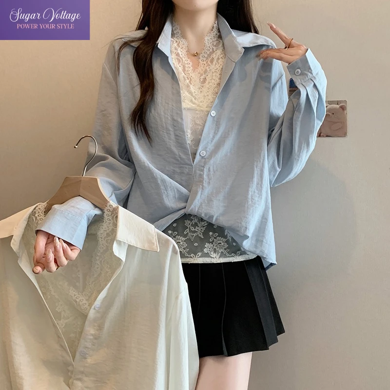

Plus Size Chic Lace French Style Blouse Women Spring Fall Loose Fit Design Shirt Elegant Cover Belly Korean Streetwear Outfit