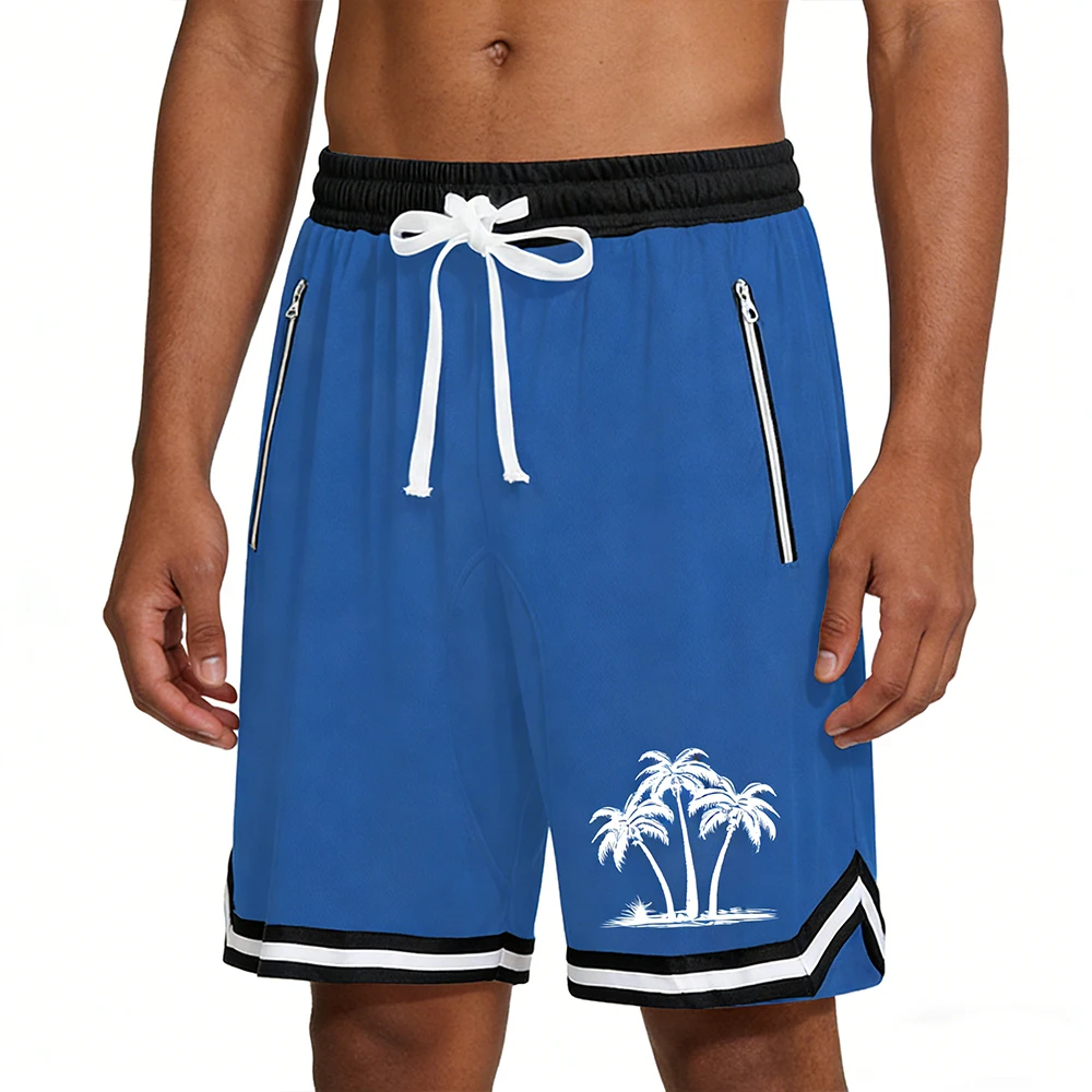 

Summer Men's Casual Breathable Quick Dry Gym Running Shorts with Zippered Pockets & Drawstring Waist Coconut Tree Graphic Print