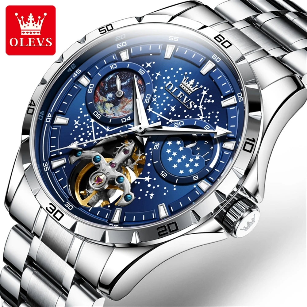 OLEVS Fashion Starry Sky Dial Mechanical Watch for Men Stainless Steel Waterproof Automatic Moon Phase Tourbillon Watches Mens