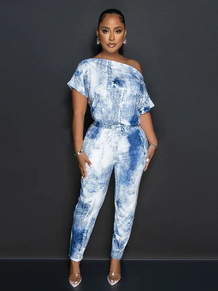 

Tie Dye Print One Shoulder Jumpsuits Summer Clothes for Women Drawstring Waist One Piece Rompers Y2K Party Club Elegant Overalls