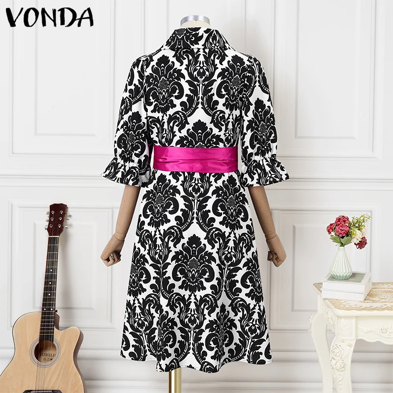 VONDA Women Printing Evening Dress Bohemian Vestidos Stand Collar Bow Belt Casual Loose Robe 2026 Elegant Sundress Oversized