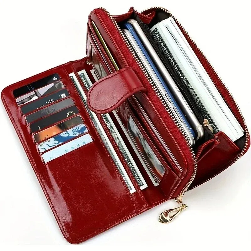 Portfel damski Vintage Oil Wax PU Leather Clutch Wallet Female Large Capacity Phone Purse Ladies Wristband Simple Card Holder Pouch Bag