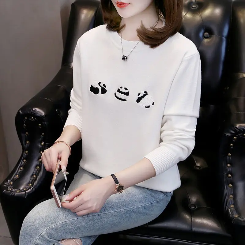 

Cartoon Embroidery Women's Clothing Pullover Long Sleeve Sweater Knitted Autumn Winter Round Neck Screw Thread All-match Tops