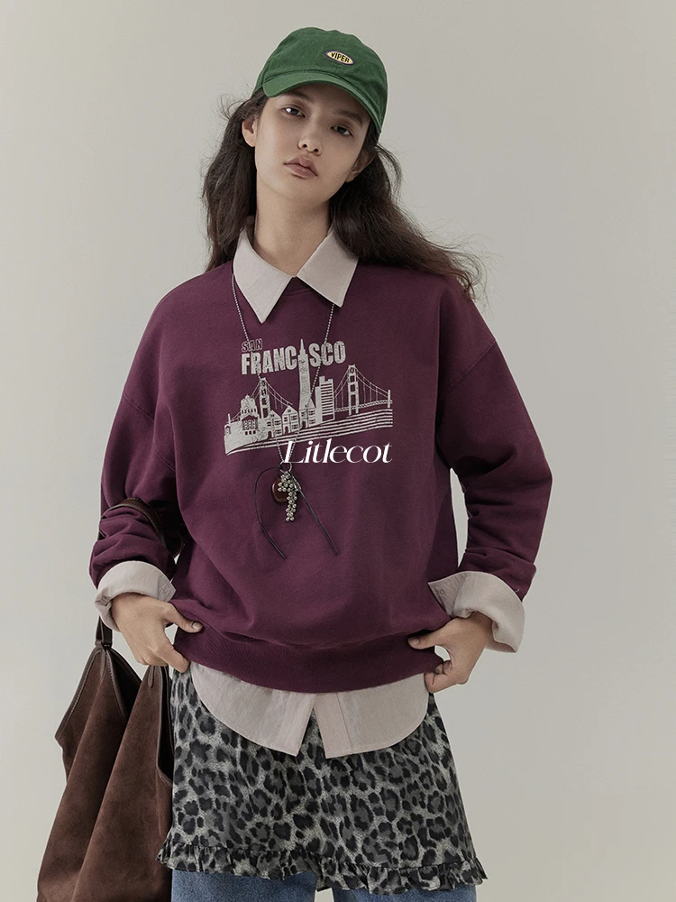 

Loose Fit Printed Hoodie Women's American Retro Autumn Winter New Sle Casual Inner Wear round Ne Long Sve T-irt