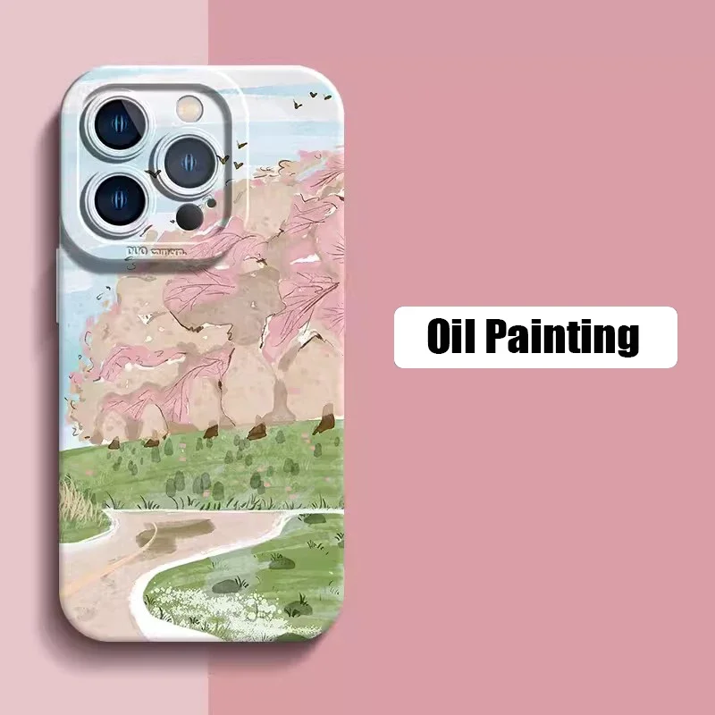 Pink Cherry Blossoms Van-Gogh Oil Painting Phone Case For iPhone 16 15 14 Plus 13 11 12 Pro Max Mini XR X XS Max 8 7 Plus Cover