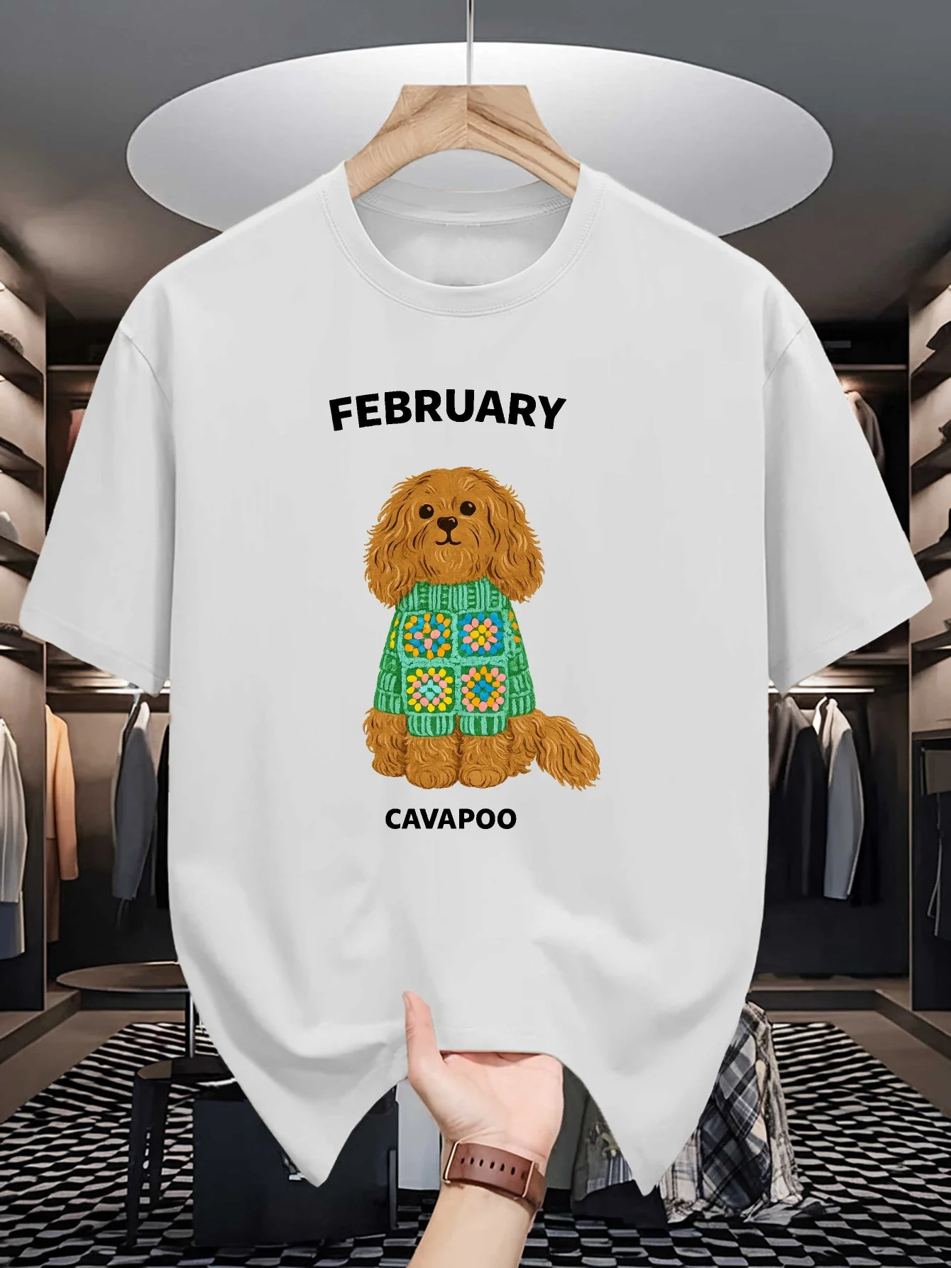 February Cavapoo Mens Crew Neck T Shirt Cute Dog Wearing Knit Sweater Pet Lover Graphic Short Sleeve Casual Street Tops
