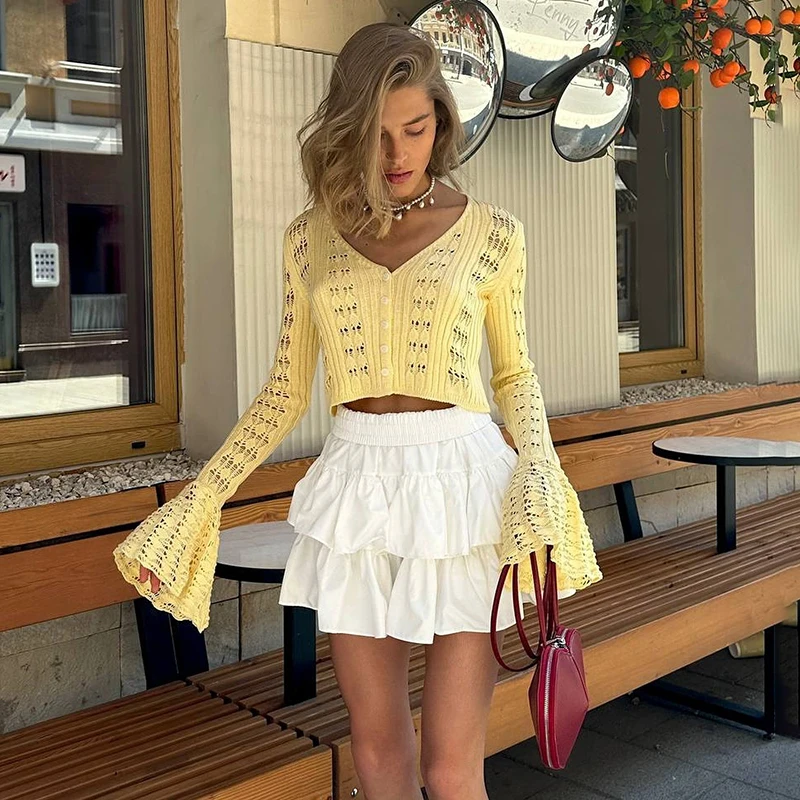 

Women's Hollow Out Knitted Flare Long Sleeve V Neck Short T-shirt Top Cardigan Solid Summer 2025 New Crochet Casual Outwear