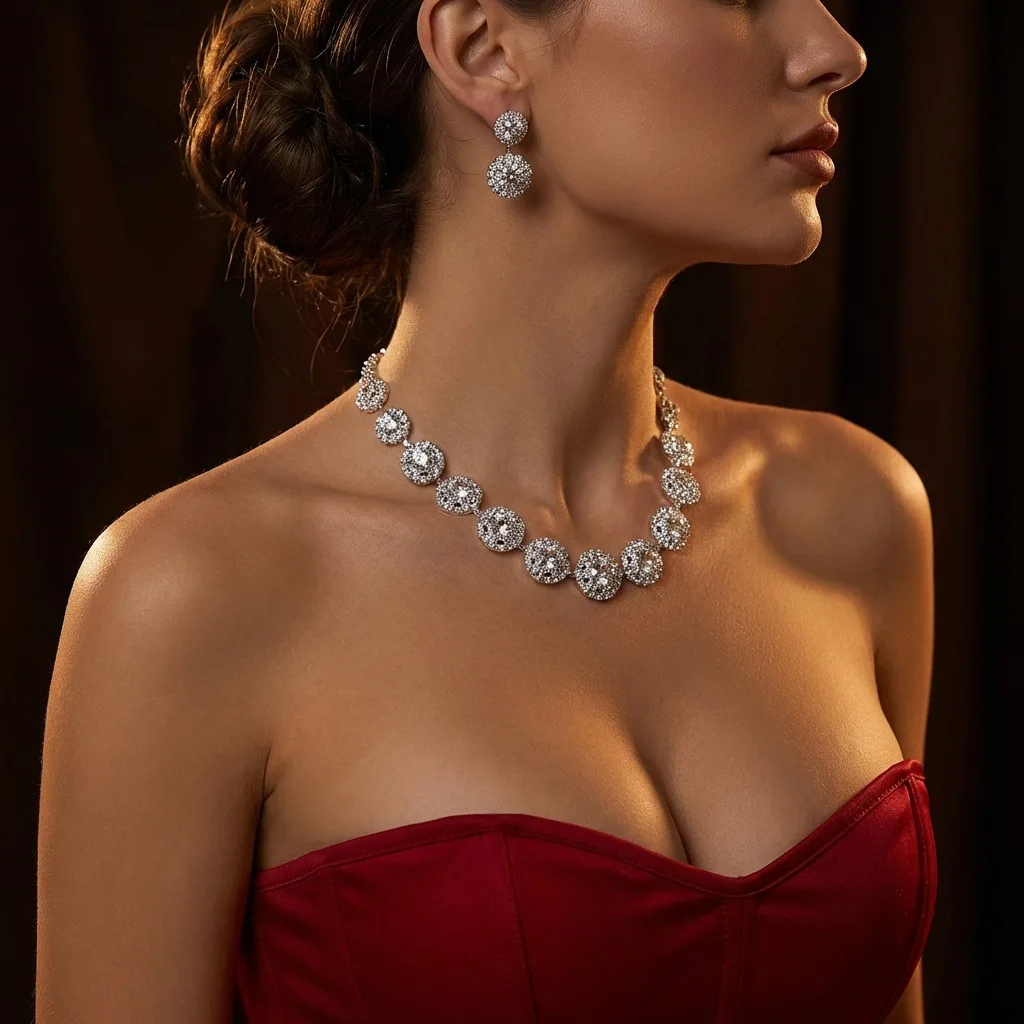 New light luxury simple diamond-encrusted flash necklace set, exquisite and high-end women's party earrings