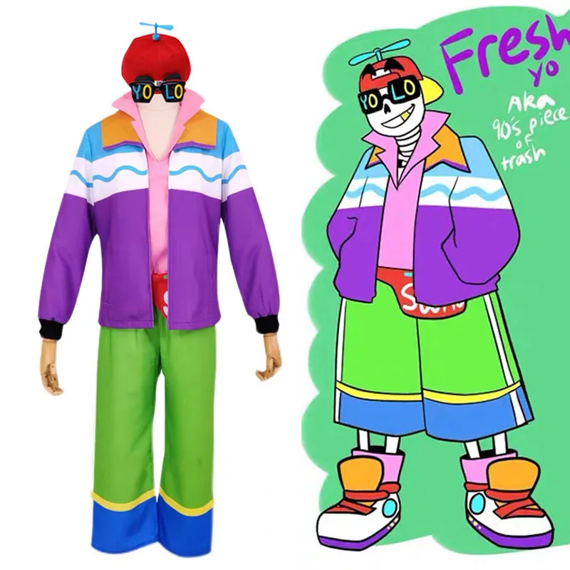 

Undertale AU Fresh! Sans Cosplay Costume Uniform Game Colorful Clothing Frisk Hat Pocket Halloween Party Carnival Suit Outfit