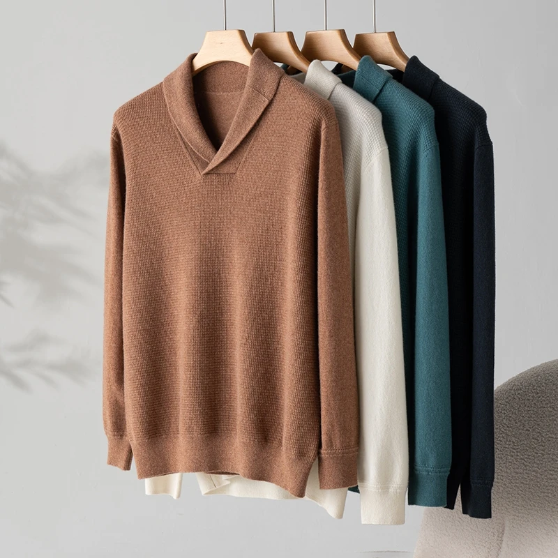 

Autumn Winter New Men's Sweater Comfortable Fashion Versatile Green Fruit Collar 100% Pure Cashmere Pullover Men's Base Shirt