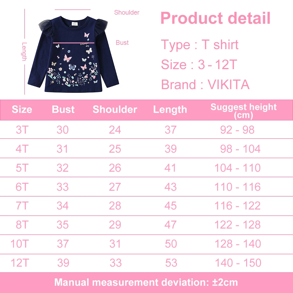 VIKITA Girls Autumn Spring Flare Sleeve T Shirt Kids Butterfly Floral Print Cartoon Tees Girls Cotton Casual Navy Blue Tops