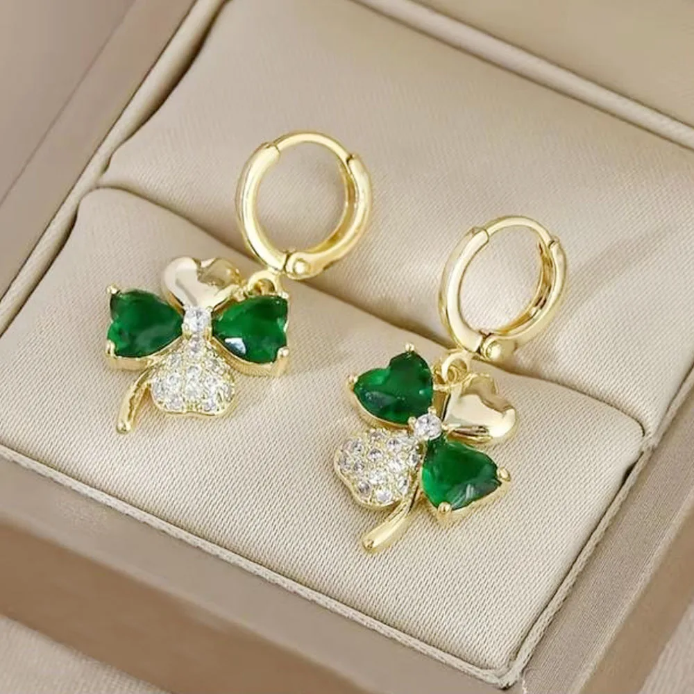 Lucky Chic 18K Gold Plated Four Leaf Clover Drop Earrings with Green Gems St. Patrick’s Day Must-Have