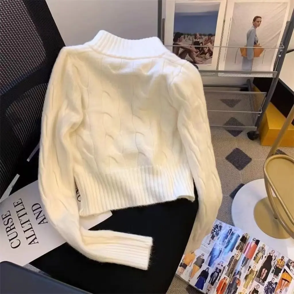 

Retro Zipper Stand Collar Sweater Coat Women's Chic Embroidered Knitted Cardigan Autumn Winter College Top All-match New