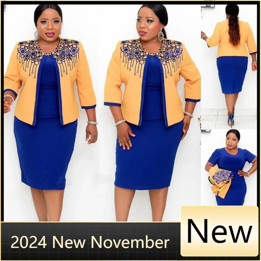 

Customized African Dresses For Women Office Lady African Clothes Two Piece Set High Quality Print Coat Top and Dress Sets Vestid